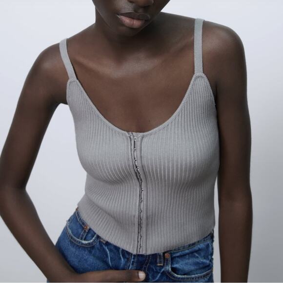 ZARA Sleeveless Ribbed Knit Corset Top Size M in Gray NWT - Picture 2 of 13